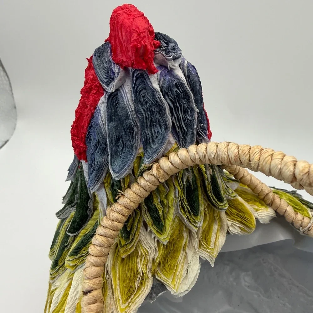 Vintage Style Handcrafted Chicken Rooster Basket Green Red Woven Farmhouse Decor